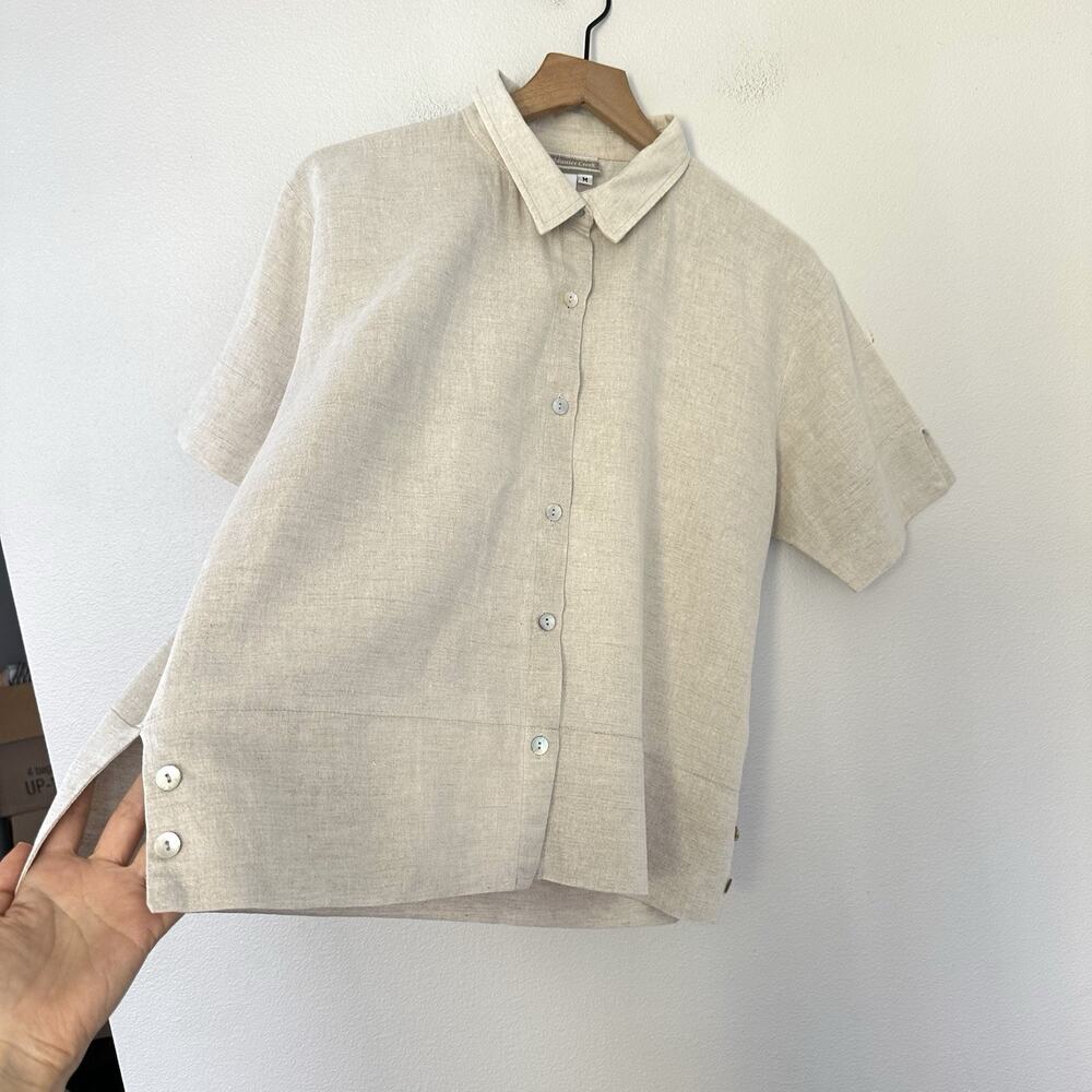 Vintage USA Made Coldwater Creek Linen Cotton Button Up Shirt M side-slit hem - Picture 2 of 10
